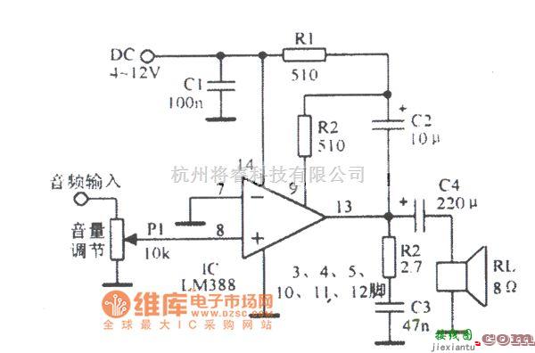 音频处理中的增益为20且负载接地的LM388电路图  第1张