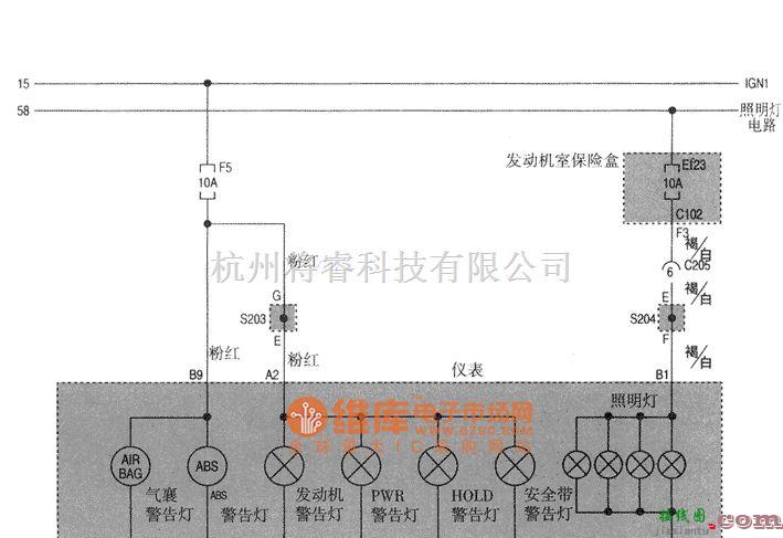 大宇中的大宇发动机指示灯　警告灯(气囊，ABS，安全带)指示灯电路(PWR，HOLD)电路图  第1张