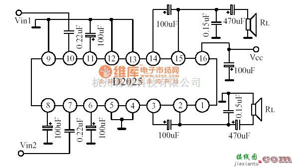 集成音频放大中的D2025双通道音频放大电路图  第1张