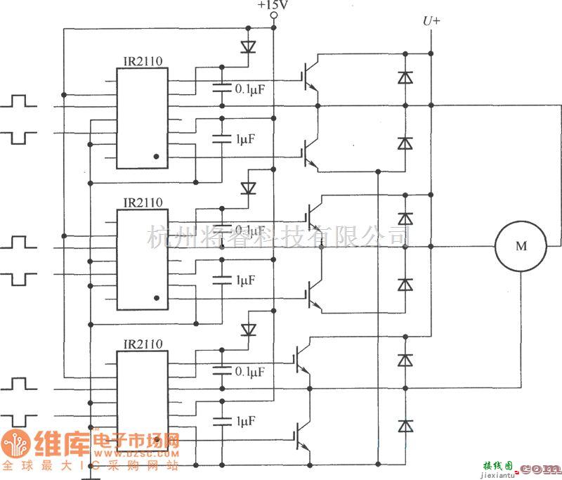 IGBT应用电路中的IR2110在三相桥式电机驱动电路中的应用电路图  第1张