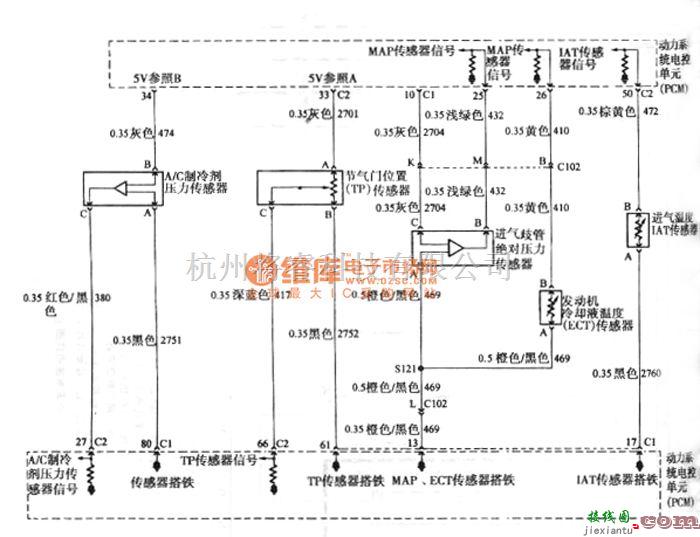 别克中的别克/GL8A/C压力传感器、节气门位置传感器、进气歧管绝对压力传感器、电控自动变速器和进气温度传感器电路图  第1张