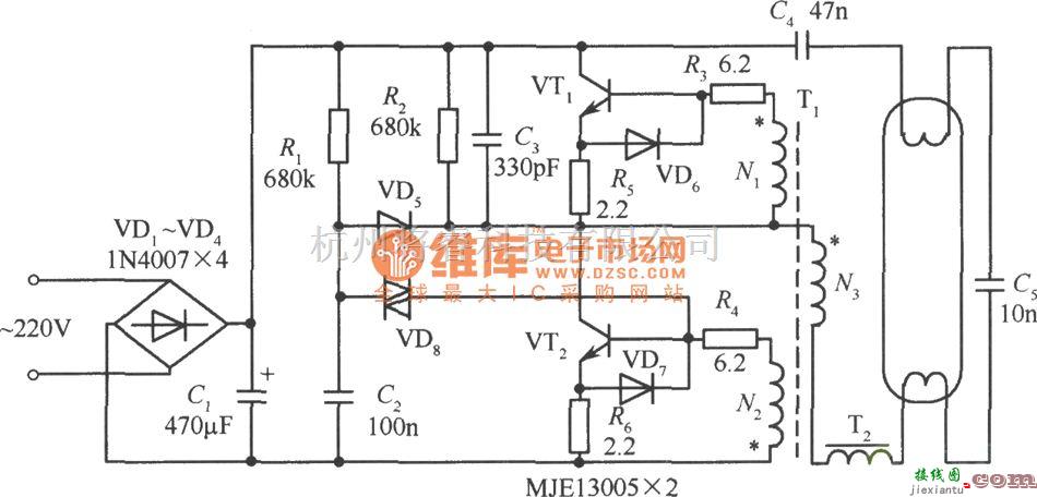 电子镇流器中的实用电子镇流器电路图  第1张