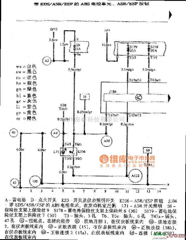 大众（一汽）中的高尔夫宝来带电子差速锁EDS、防滑调节装置ASR、电子稳定程序ESP的防抱死制动系统ABS电路图  第1张