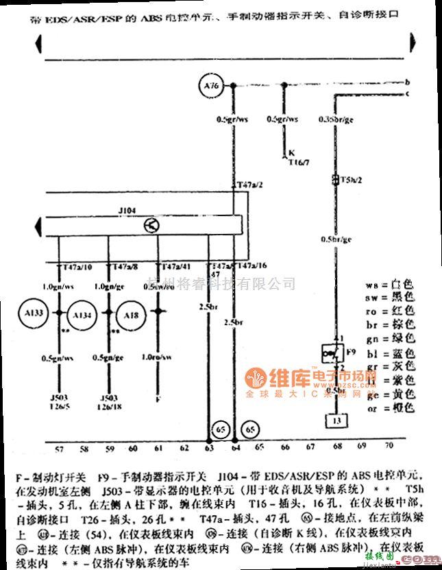 大众（一汽）中的高尔夫宝来带电子差速锁EDS、防滑调节装置ASR、电子稳定程序ESP的防抱死制动系统ABS电路图  第5张
