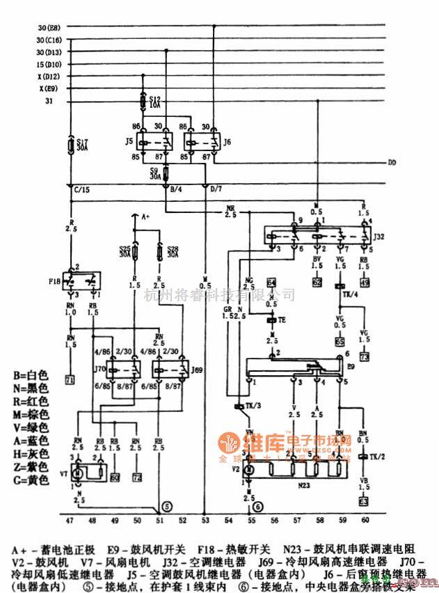 前车型（除ET车型）空调、操作机构、冷却系统电路图  第1张