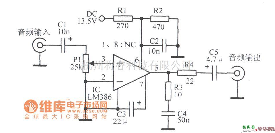 音频处理中的由LM386组成的20增益放大电路图  第1张