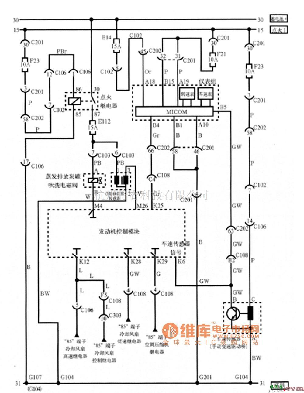 别克中的凯越电控蒸发排放炭罐吹洗电磁阀、凸轮轴位置传感器、仪表组和车速传感器电路图  第1张