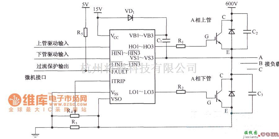 IGBT应用电路中的IR2130与功率管的连接方式电路图  第1张