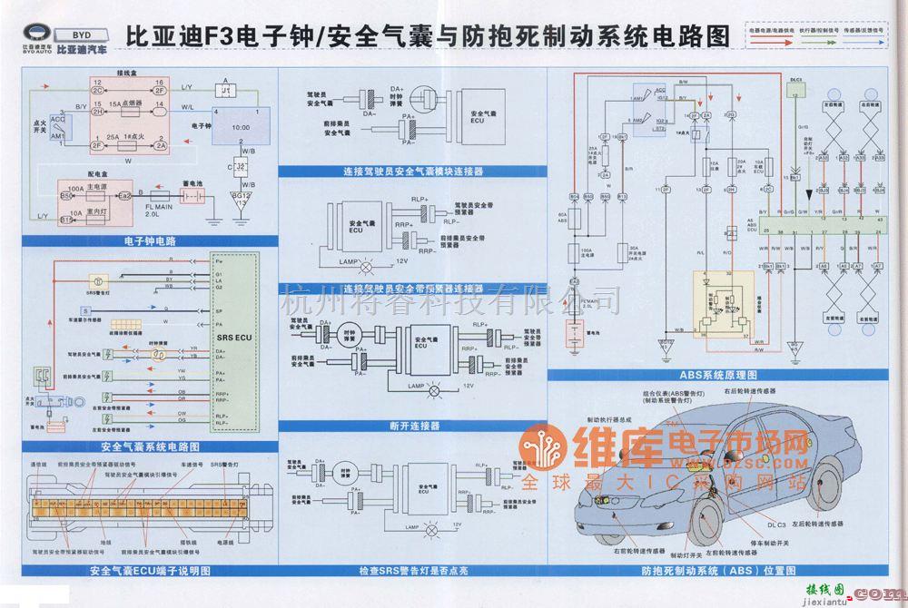 比亚迪F3电子钟、安全气囊与防抱死制动系统电路图  第1张