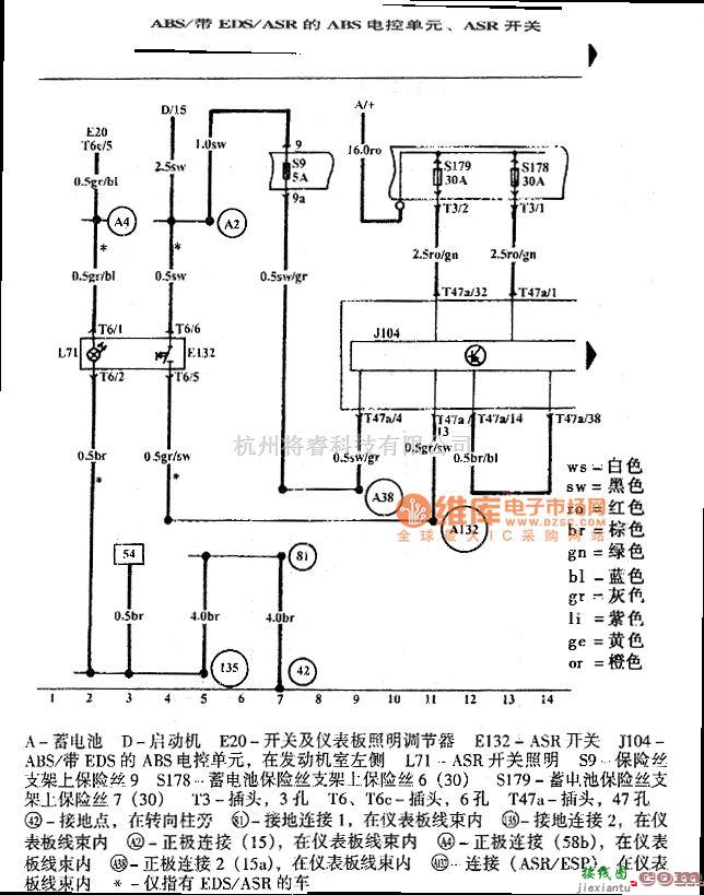 大众（一汽）中的高尔夫宝来防抱死制动系统ABS、带电子差速锁EDS及防滑调节装置ASR电路图  第1张