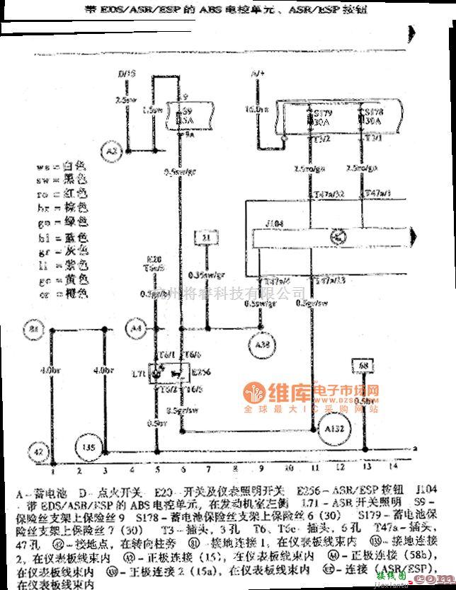 大众（一汽）中的高尔夫宝来防抱死制动系统ABS、带电子差速锁EDS及防滑调节装置ASR电路图  第6张