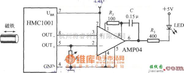 磁场、电场传感器中的由集成磁场传感器HMC1001构成的接近开关电路图  第1张