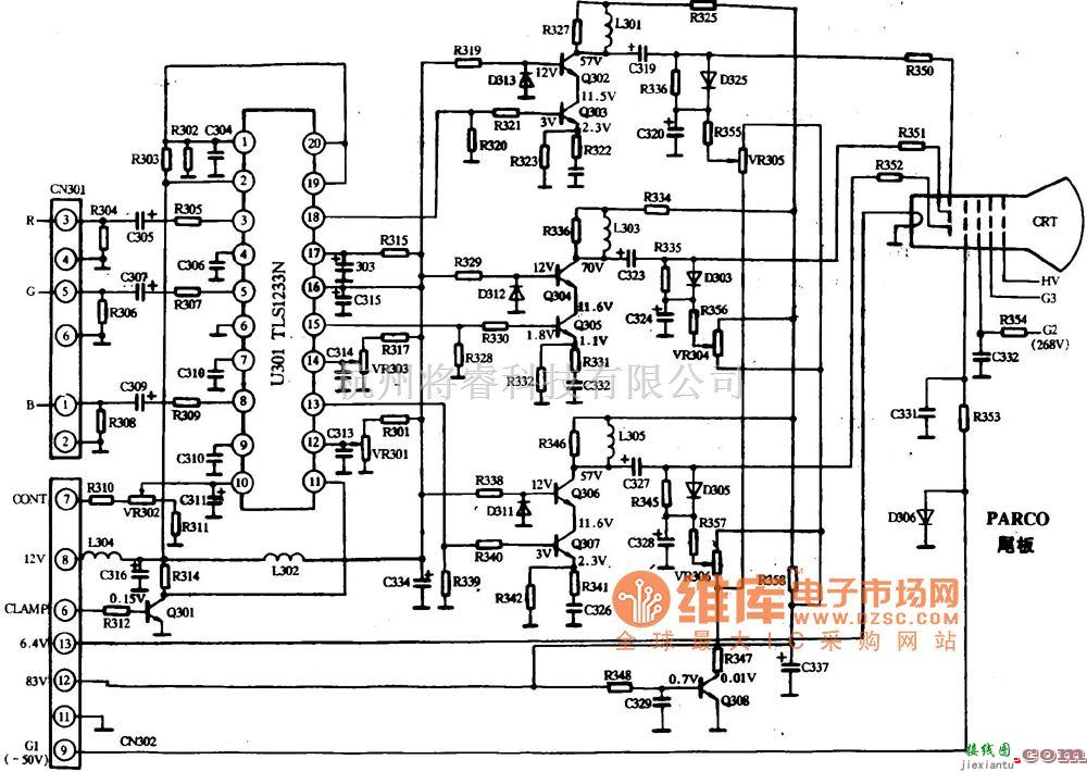 液晶显示及数显表电路中的PARCO彩色显示器视频放大电路图  第1张