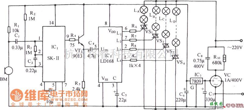 自动控制中的LD168音频压控卡拉0K彩灯发光控制电路图  第1张