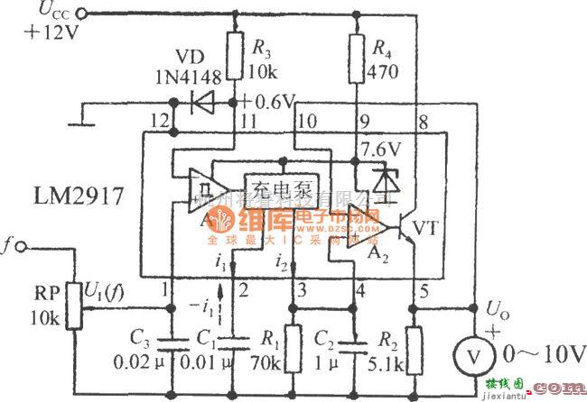 转速、角速度、加速度传感器中的由集成转速/电压转换器LM2917构成的频率／电压转换电路图  第1张