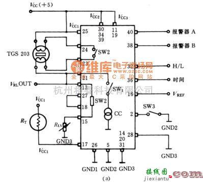 湿敏电路中的气敏传感器TGS 203与集成电路FIC 5401连接的主电路图  第1张