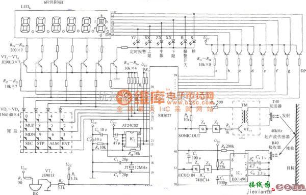 超声波传感器中的由带日历时钟的超声波测距集成电路SB5027构成超声波测距仪电路图  第1张