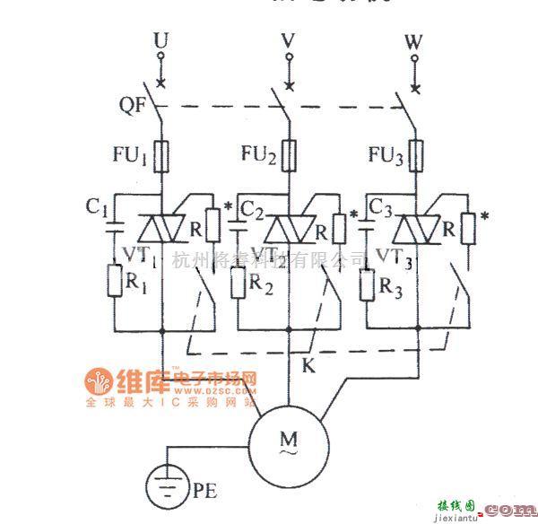 晶闸管控制中的双向晶闸管控制三相电动机的典型电路图  第1张