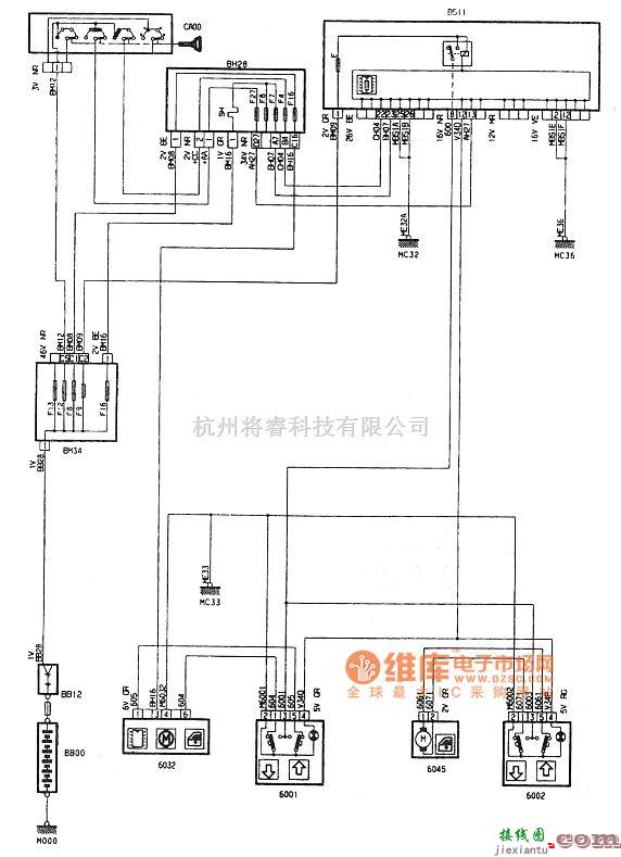 东风雪铁龙中的神龙毕加索2.0L轿车前门电动门窗电路图  第1张