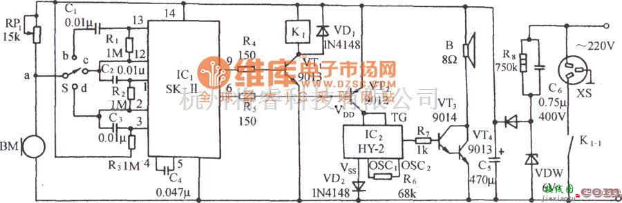 自动控制中的用SK-Ⅱ制作的声控音乐插座电路图  第1张