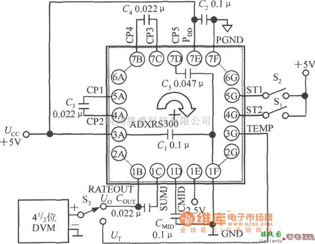 转速、角速度、加速度传感器中的由单片偏航角速度陀螺仪ADXRS300构成的角速度测量仪的电路图  第1张