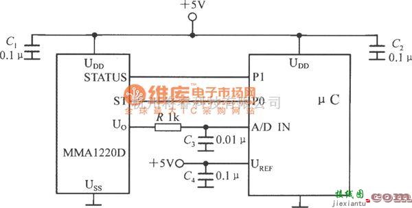 转速、角速度、加速度传感器中的单片加速度传感器MMA1220D与单片机的接口电路图  第1张