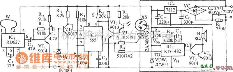 自动控制中的多普勒效应和光照双控自动门插座电路(RD627)电路图  第1张