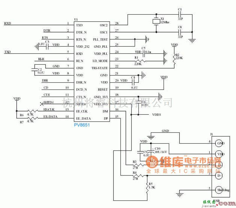 接口电路中的PV8651 USB转串口电路图  第1张