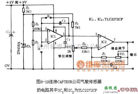 湿敏电路中的CAPTEUR（ＩＩＣ1和ＩＣ2)公司的气敏传感器的电路图  第1张