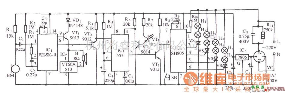 自动控制中的采用SH805的声光双控彩灯伴乐曲发声电路图  第1张