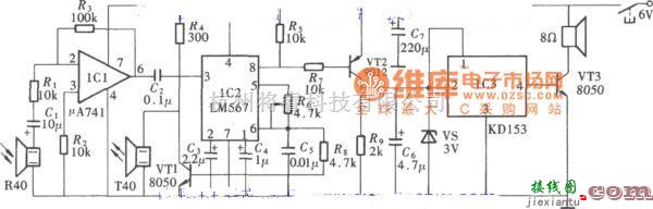 超声波传感器中的盲人探路器之二(μA741、LM567、KD153)电路图  第1张