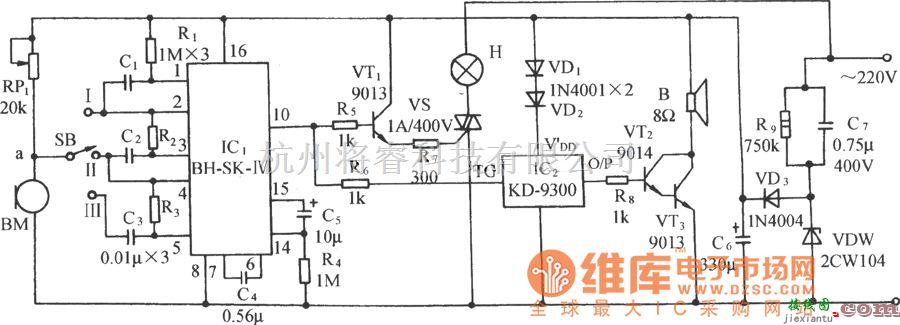 自动控制中的用SK-IV的声控自动照明灯伴乐曲发声电路图  第1张