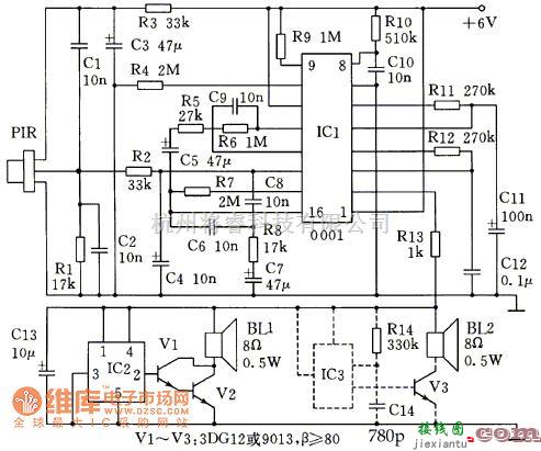 报警控制中的用SS0001制作的人体热释电语音告警器电路图  第1张