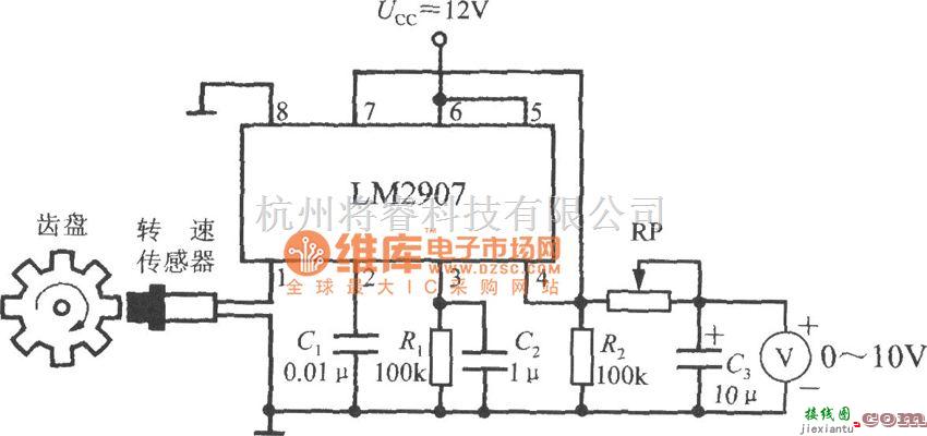 转速、角速度、加速度传感器中的由集成转速/电压转换器LM2907构成的转速表电路图  第1张