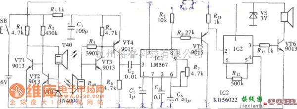 超声波传感器中的盲人探路器之一(LM567、KD56022)电路图  第1张