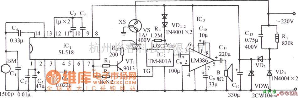 自动控制中的用SL518的声控音乐插座电路图  第1张