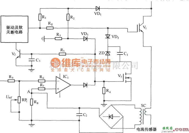 IGBT应用电路中的利用IGBT短路时UCE增大的原理和电流传感器检测的综合保护电路图  第1张