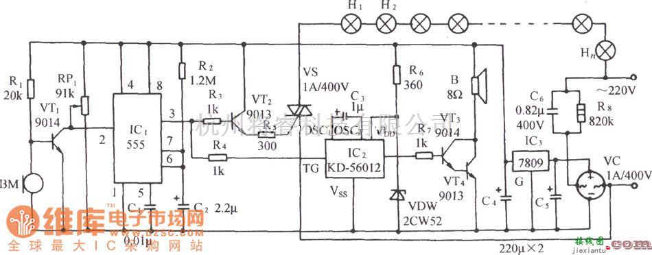 自动控制中的声控鸟鸣彩灯电路(555、KD-5602)电路图  第1张