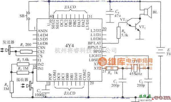 超声波传感器中的由智能化超声波测距集成电路4Y4构成单片液晶显示测距仪电路图  第1张