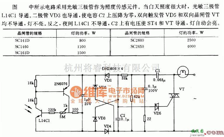 晶闸管控制中的双向晶闸管制作的夜间自动照明电路图  第1张