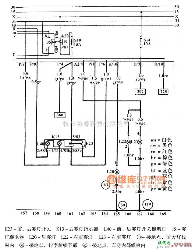 大众（一汽）中的捷达前、后雾灯电路图  第1张