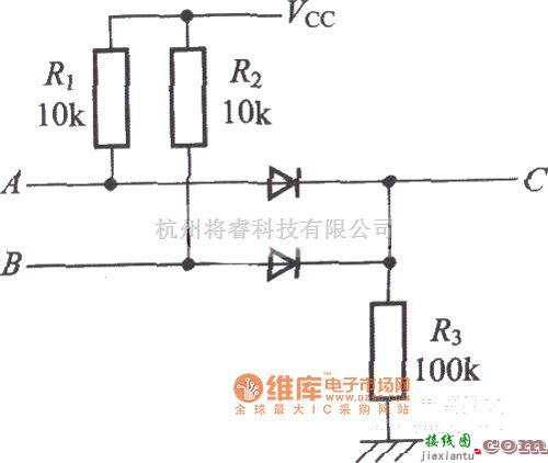 数字电路中的用二极管和电阻构成的OR电路C=A+B电路图  第1张