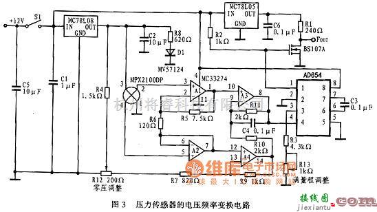 温度传感电路中的MPX2100构成的电压频率变换电路图  第1张