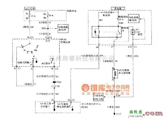 别克中的别克GL8汽车HVAC控制总成、动力系统电控单元、空调压缩机离合器线圈、空调离合继电器和空调离合器二极管C60电路图  第1张