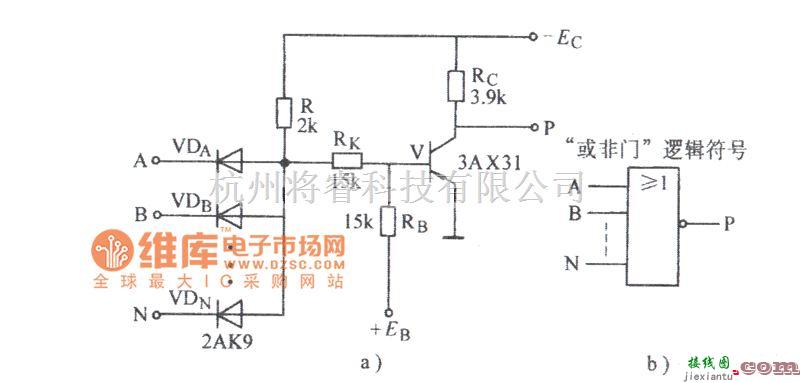 数字电路中的二极管-晶体管或非门电路图  第1张