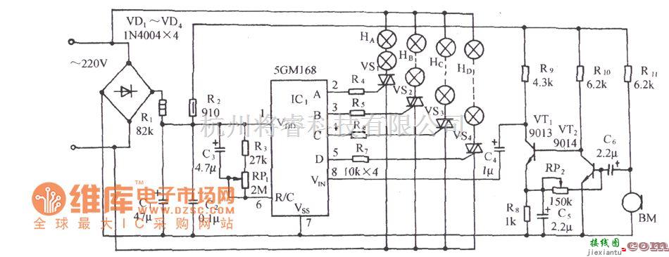 自动控制中的5GMl68音频压控节日彩灯控制电路图  第1张