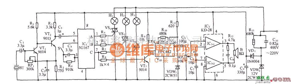 自动控制中的声控流水彩灯伴多首名曲演唱电路(5G167)电路图  第1张