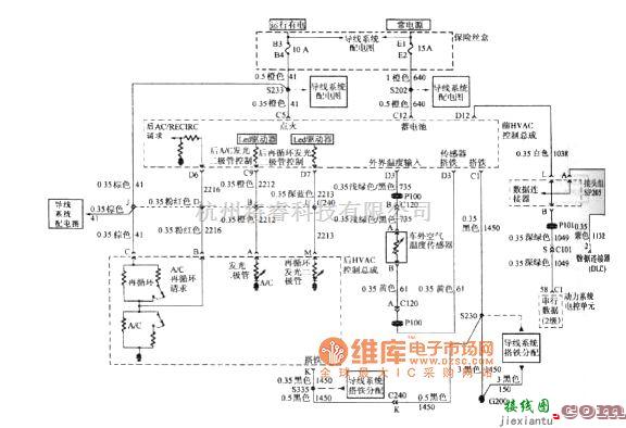 别克中的别克GL8汽车前后HVAC控制总成、动力系统电控单元和车外空气温度传感器CJ4电路图  第1张