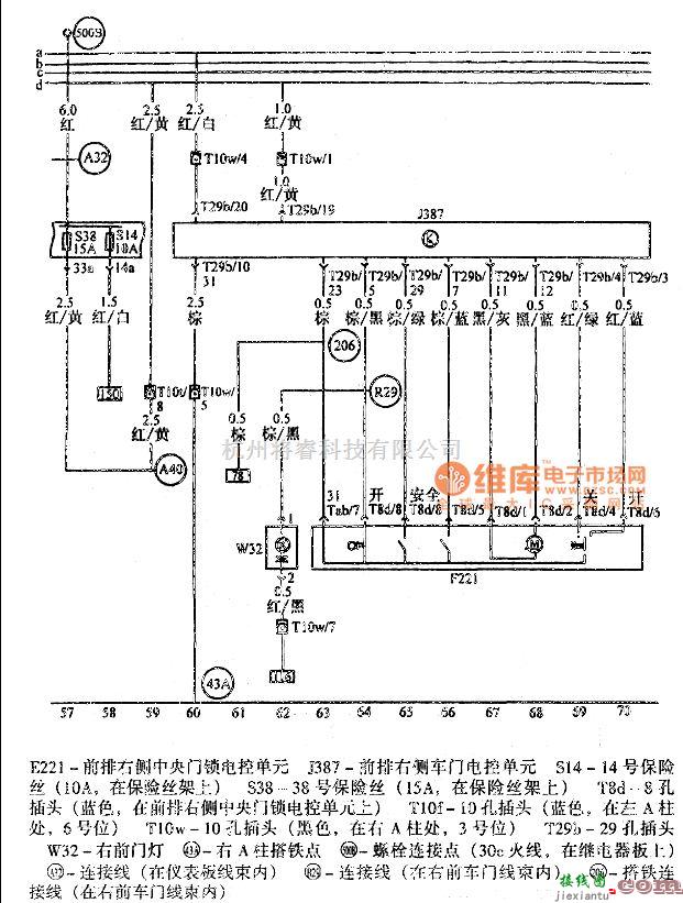 大众（上汽）中的帕萨特前排右侧车门电控单元、中央门锁电控单元及右前门灯电路图  第1张