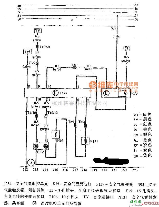 大众（一汽）中的捷达安全气囊系统电路图  第1张
